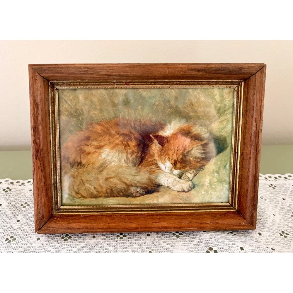 Vintage Framed Sleeping Kitten Print | Vintage Cat Art | Wood Frame Gold Trim - Picture 2 of 5